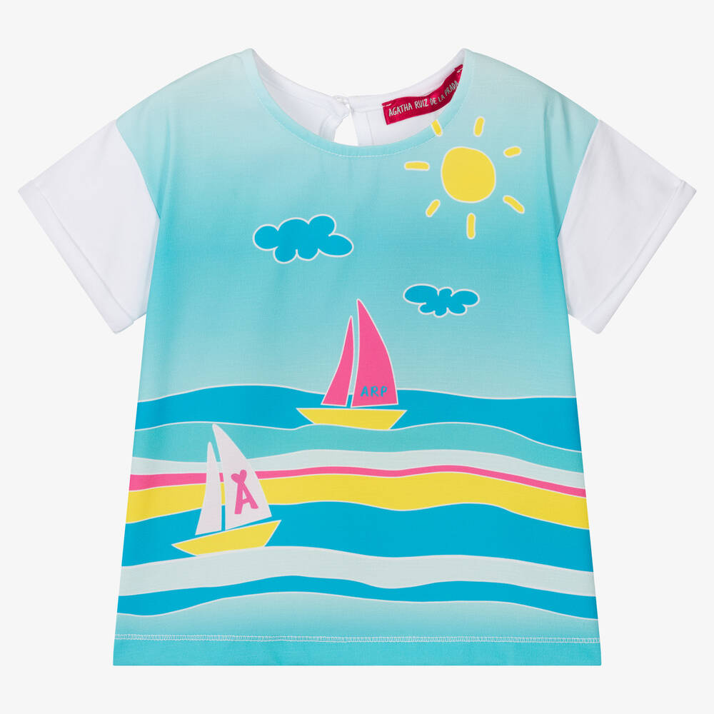 Agatha Ruiz de la Prada - Girls Blue & White Boat Print T-Shirt | Childrensalon