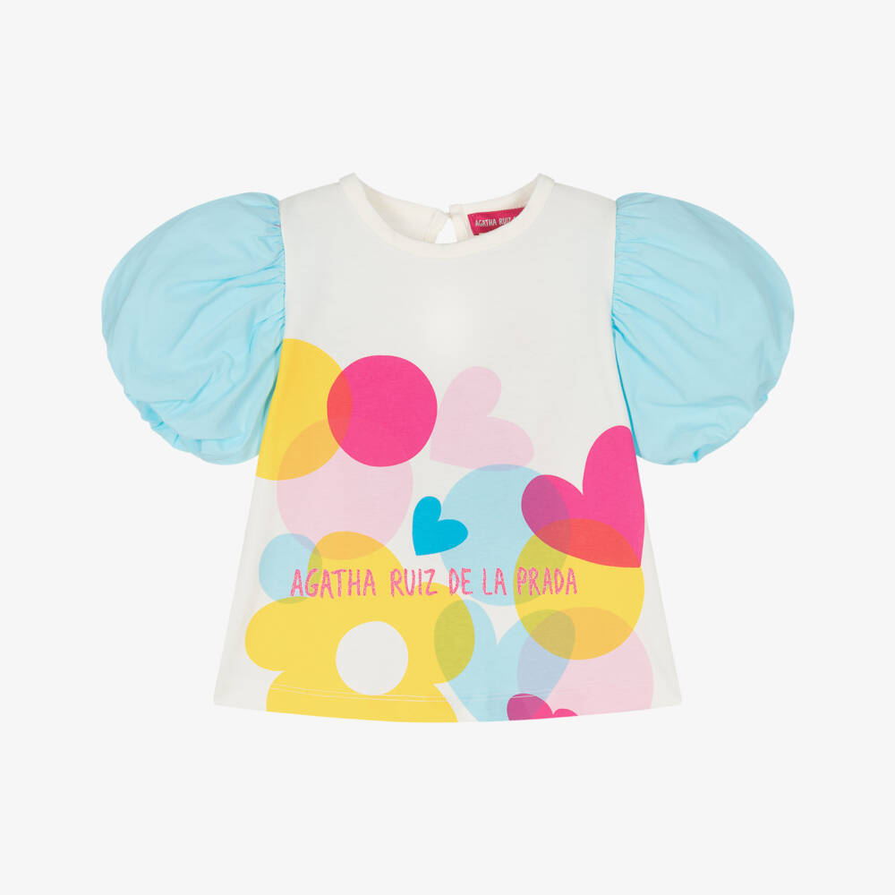 Agatha Ruiz de la Prada-بلوزة زرقاء وبيضاء بأكمام منتفخة للبنات | Childrensalon Outlet