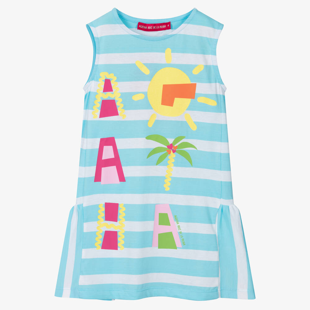 Agatha Ruiz de la Prada - Girls Blue & White Striped Cotton Dress  | Childrensalon