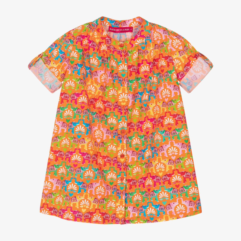 Agatha Ruiz de la Prada-Girls Bright Orange Shirt Dress with Elephant Print | Childrensalon Outlet