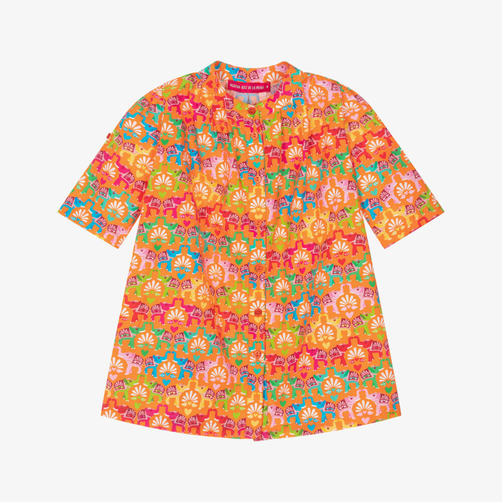 Agatha Ruiz de la Prada-Girls Bright Orange Shirt Dress with Elephant Print | Childrensalon Outlet