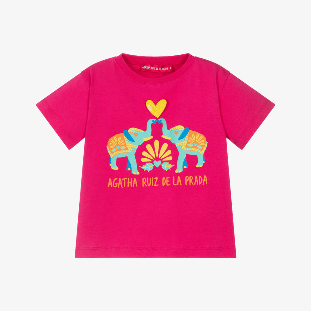 Agatha Ruiz de la Prada-Girls Bright Pink Cotton T-Shirt with Elephants Motif | Childrensalon Outlet
