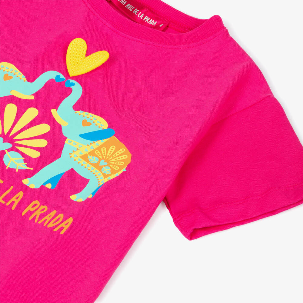 Agatha Ruiz de la Prada-Girls Bright Pink Cotton T-Shirt with Elephants Motif | Childrensalon Outlet