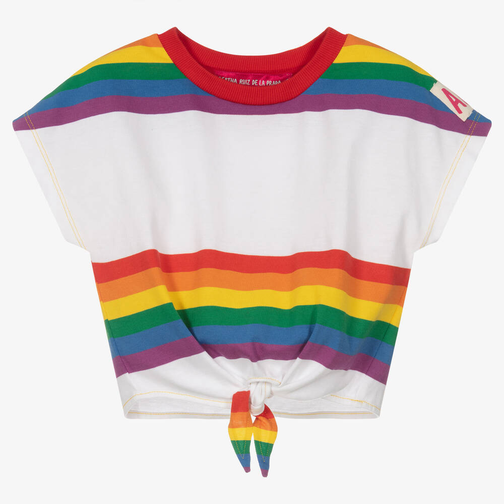 Agatha Ruiz de la Prada - Girls Cotton Rainbow Stripe Crop T-Shirt | Childrensalon