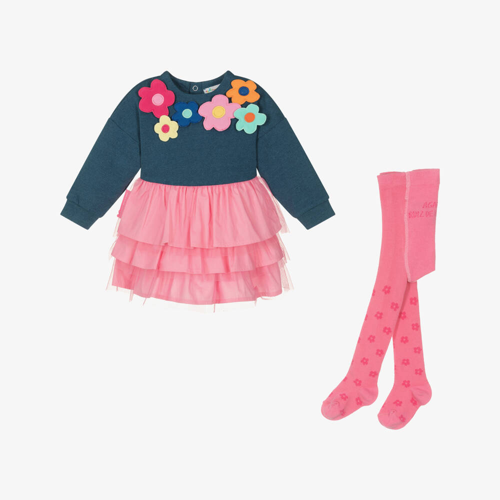 Agatha Ruiz de la Prada-فستان تول وقطن لون أزرق وزهري | Childrensalon Outlet