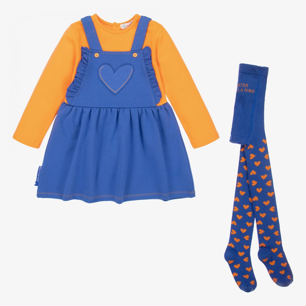 Agatha Ruiz de la Prada-طقم فستان وكولون قطن جيرسي لون أزرق وبرتقالي | Childrensalon Outlet