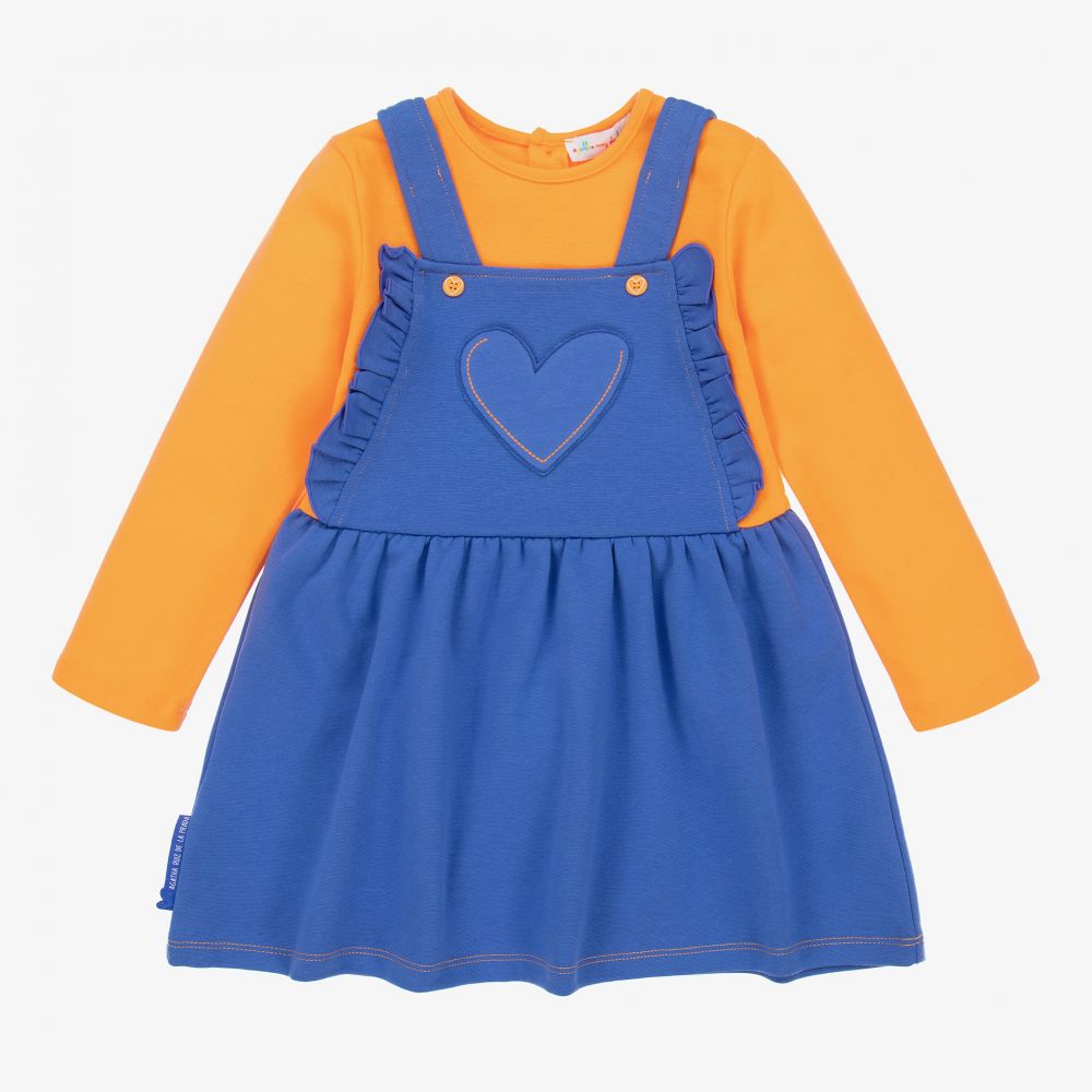 Agatha Ruiz de la Prada - طقم فستان وكولون قطن جيرسي لون أزرق وبرتقالي | Childrensalon