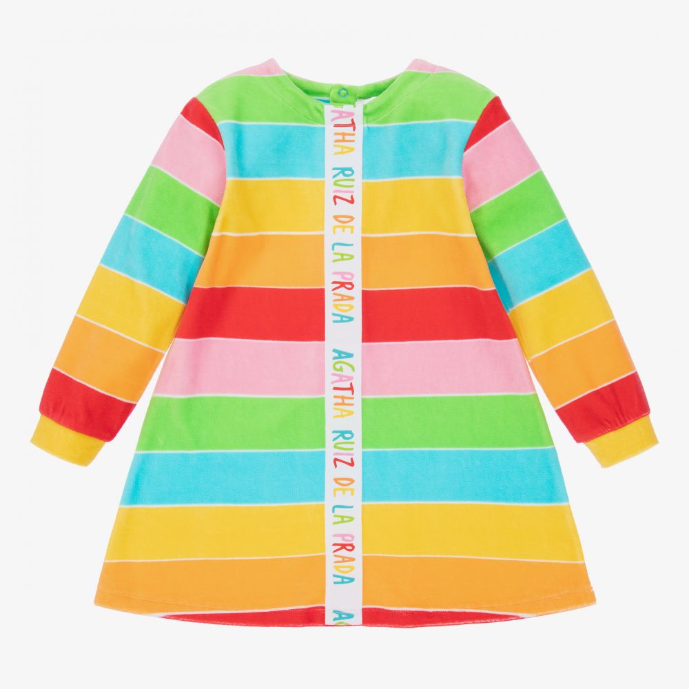 Agatha Ruiz de la Prada - طقم فستان وكولون قطن قطيفة مقلم بطبعة ملونة  | Childrensalon