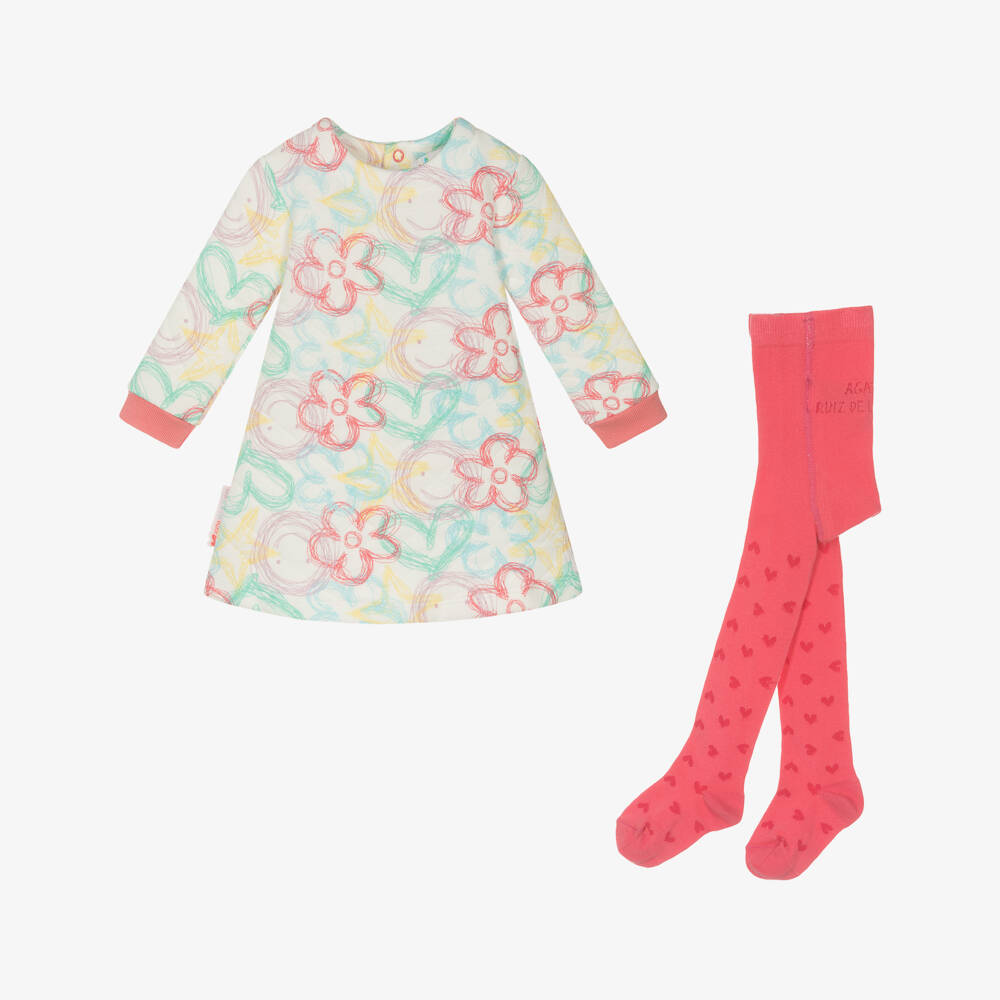Agatha Ruiz de la Prada-Бело-розовое платье из хлопка с цветами и колготки | Childrensalon Outlet