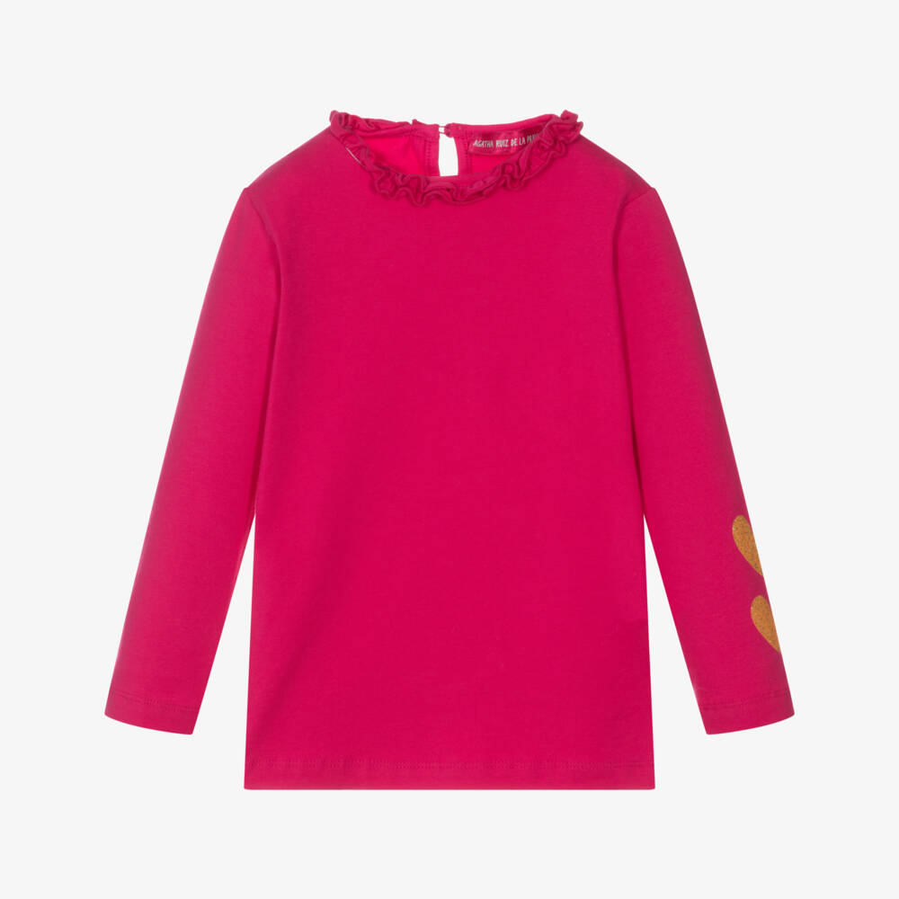 Agatha Ruiz de la Prada-Girls Fuchsia Pink Cotton Top with Glittery Gold Hearts | Childrensalon Outlet