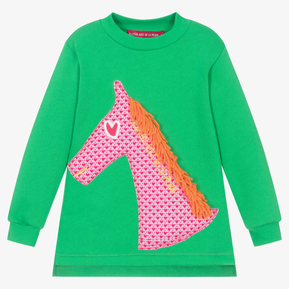 Agatha Ruiz de la Prada - Girls Green Horse Sweatshirt Dress | Childrensalon