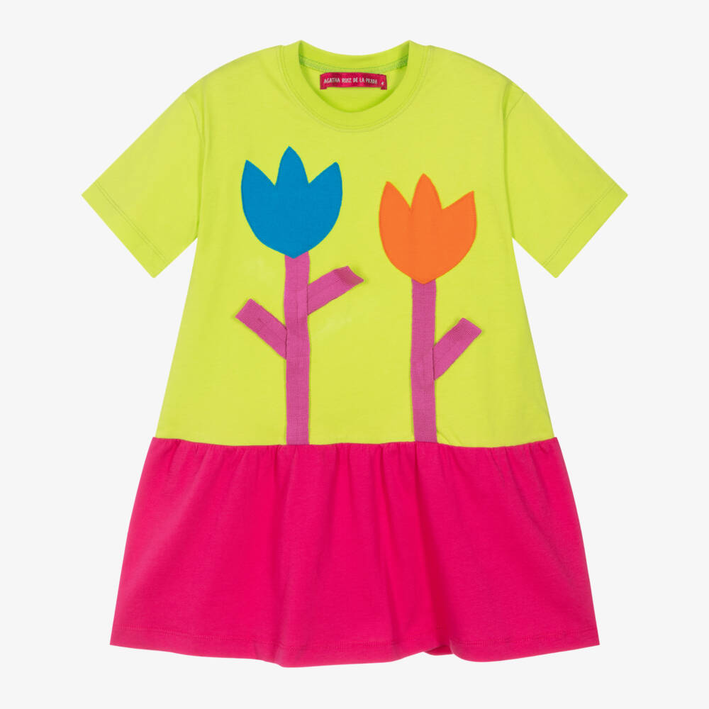 Agatha Ruiz de la Prada-Girls Green & Pink Cotton Flower Appliqué Dress | Childrensalon Outlet
