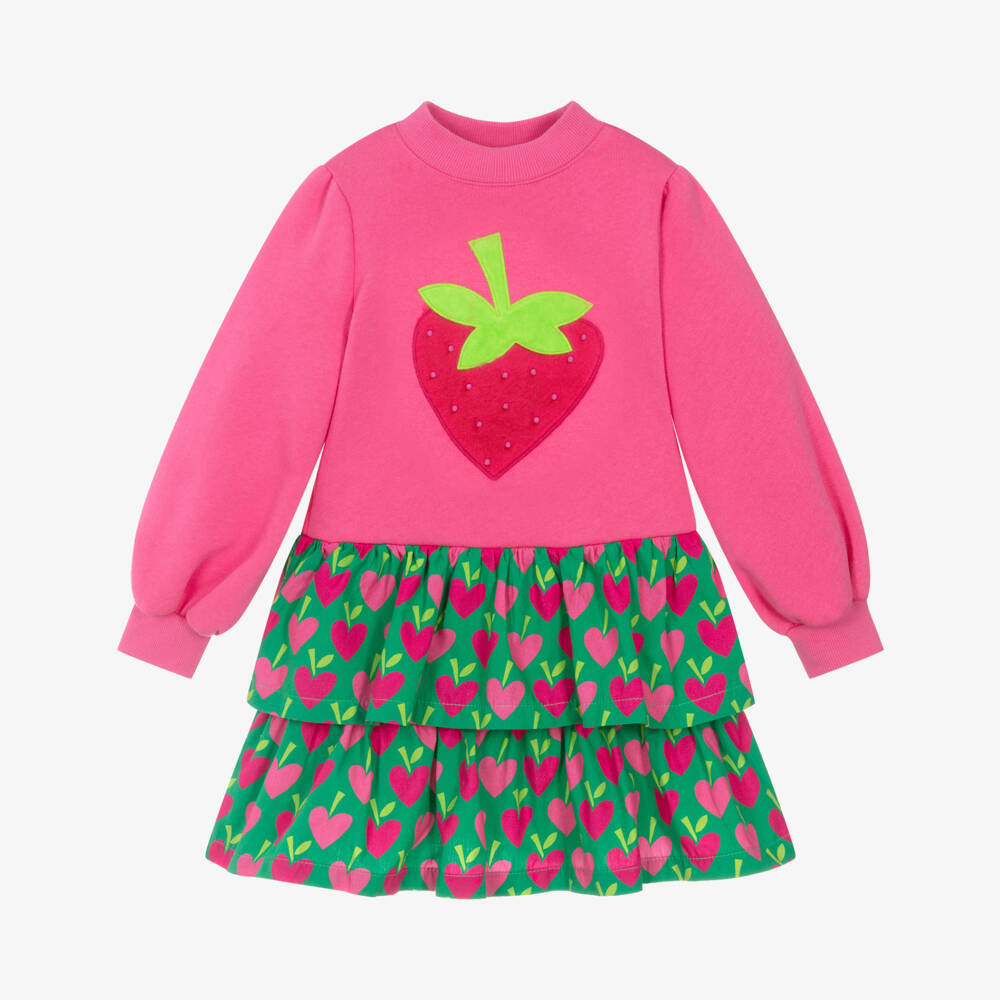 Agatha Ruiz de la Prada-فستان بطبعة فراولة قطن لون أخضر وزهري | Childrensalon Outlet