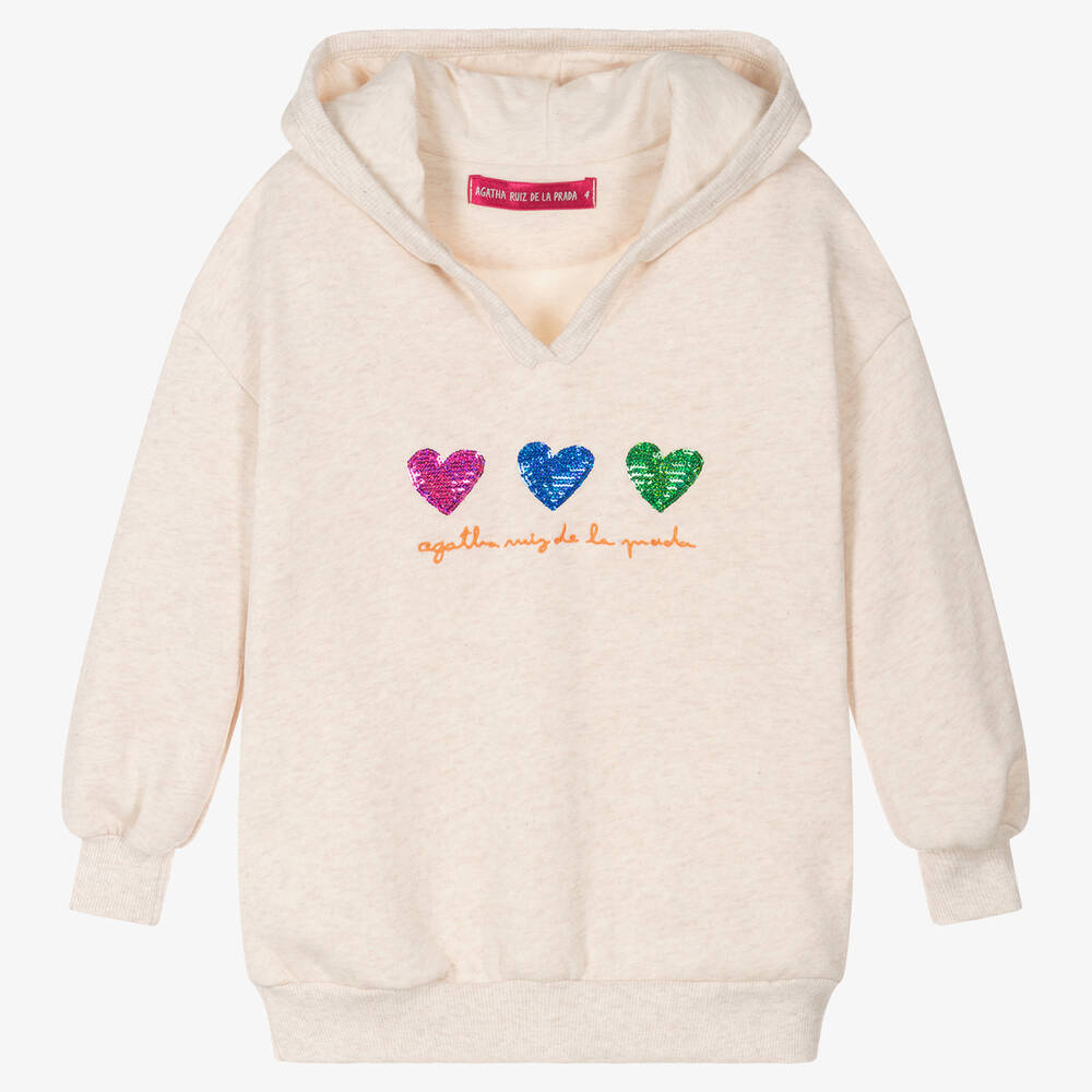 Agatha Ruiz de la Prada - Elfenbeinfarbener Baumwoll-Kapuzenpulli mit Herzen-Motiv für Mädchen | Childrensalon