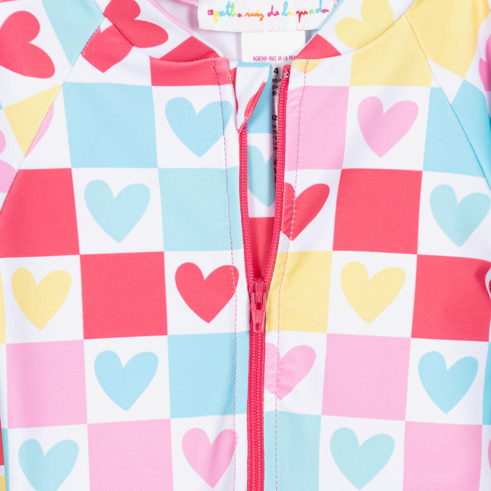 Agatha Ruiz de la Prada-Girls Multi-Coloured Check & Hearts Long Sleeve Swimsuit | Childrensalon Outlet