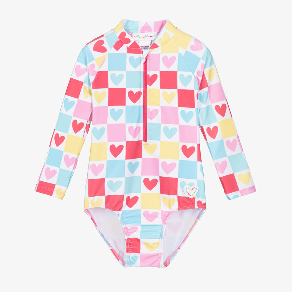 Agatha Ruiz de la Prada-Girls Multi-Coloured Check & Hearts Long Sleeve Swimsuit | Childrensalon Outlet