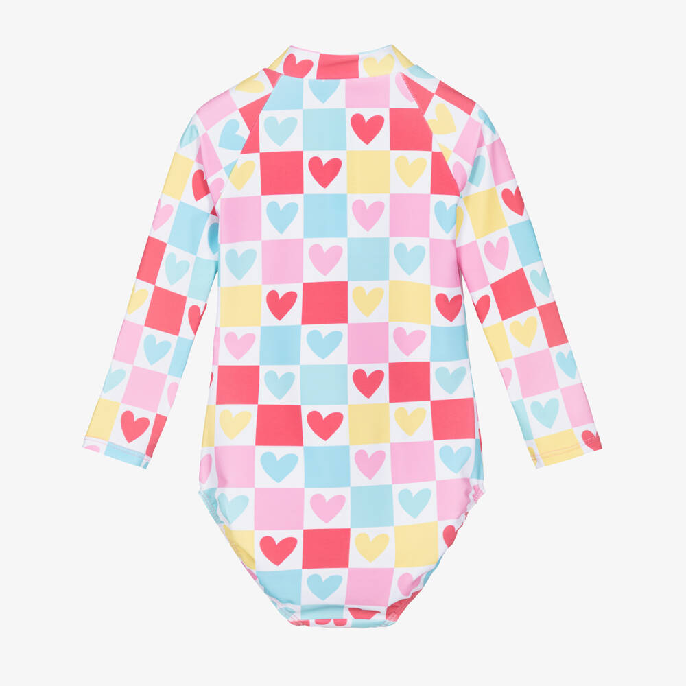 Agatha Ruiz de la Prada-Girls Multi-Coloured Check & Hearts Long Sleeve Swimsuit | Childrensalon Outlet
