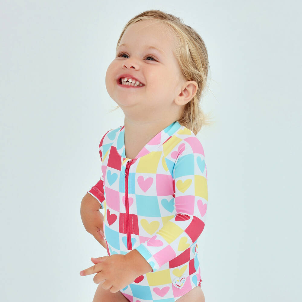 Agatha Ruiz de la Prada-Girls Multi-Coloured Check & Hearts Long Sleeve Swimsuit | Childrensalon Outlet