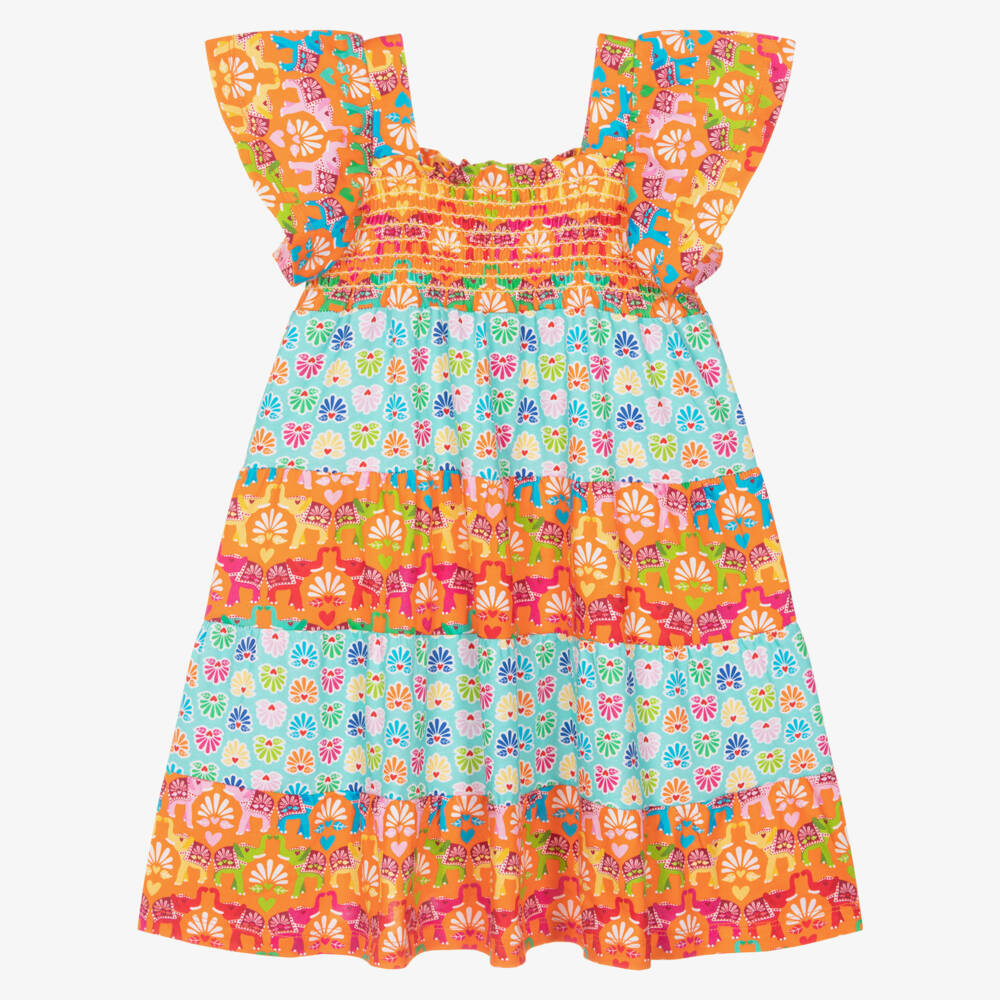Agatha Ruiz de la Prada-Girls Orange & Aqua Blue Dress with Elephant Print | Childrensalon Outlet
