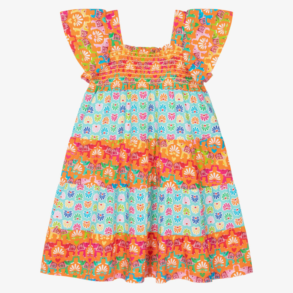 Agatha Ruiz de la Prada-Girls Orange & Aqua Blue Dress with Elephant Print | Childrensalon Outlet