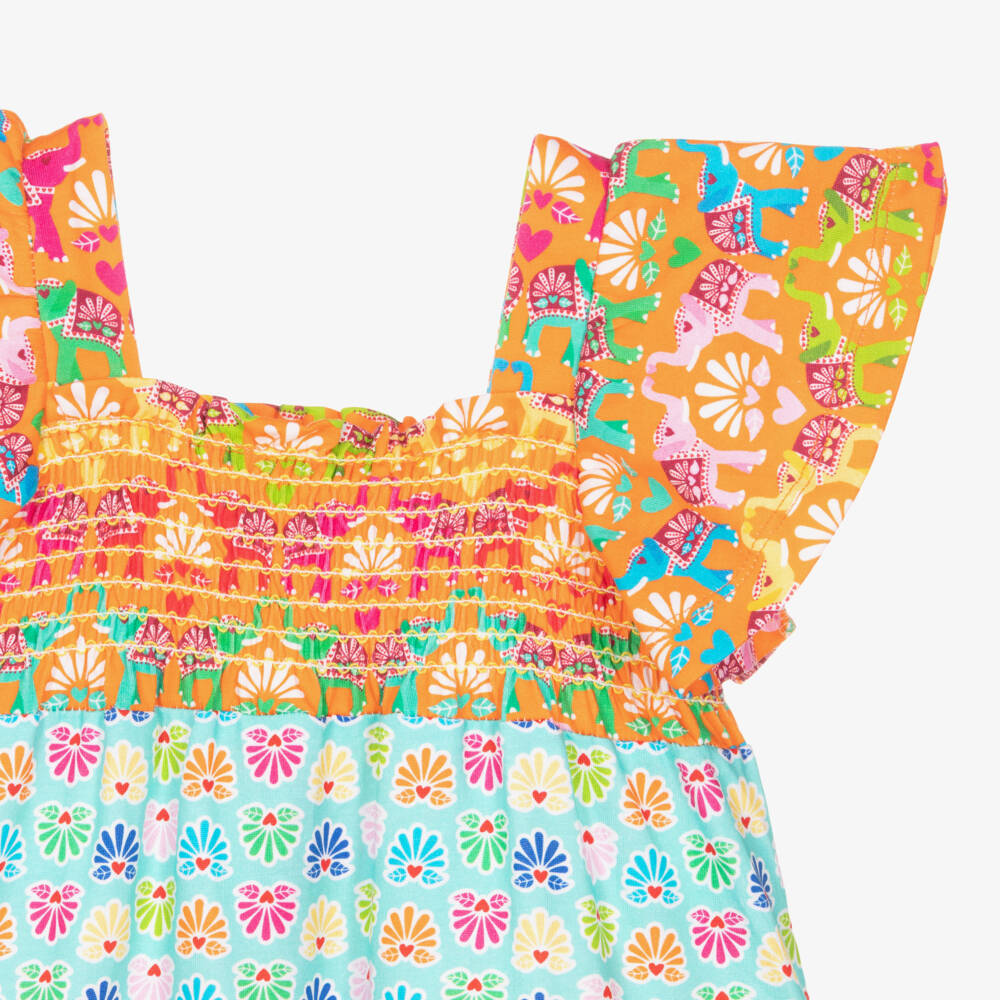 Agatha Ruiz de la Prada-Girls Orange & Aqua Blue Dress with Elephant Print | Childrensalon Outlet