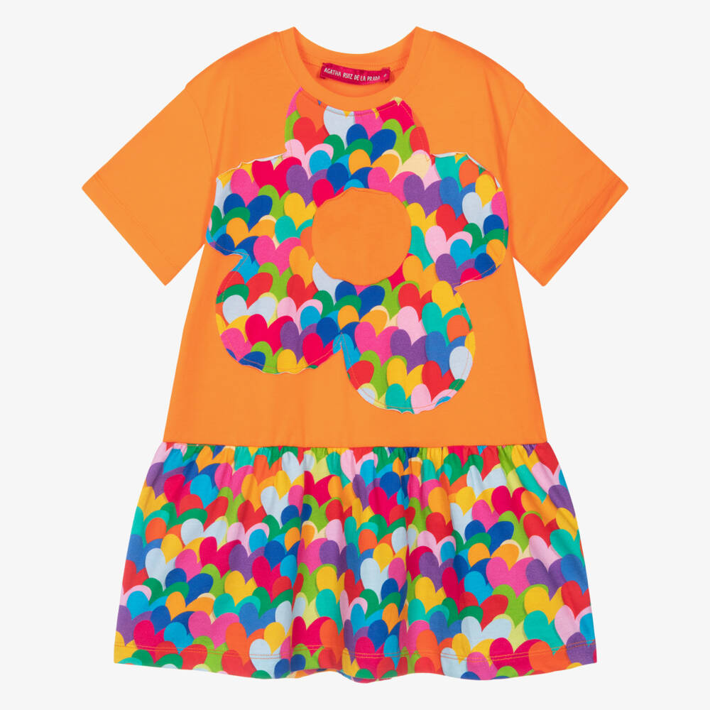 Agatha Ruiz de la Prada-Girls Orange Cotton Flower & Heart Print Dress | Childrensalon Outlet
