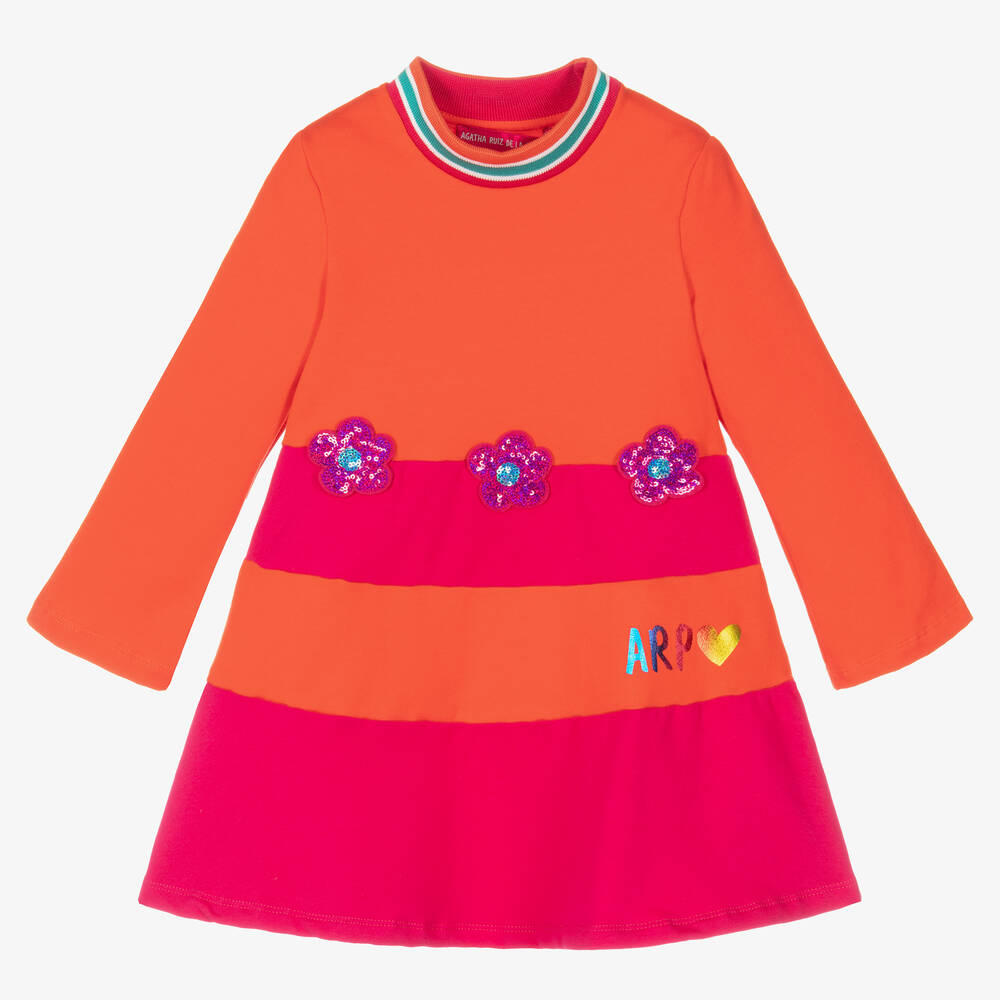 Agatha Ruiz de la Prada - Girls Orange Cotton Sequin Flower Dress | Childrensalon