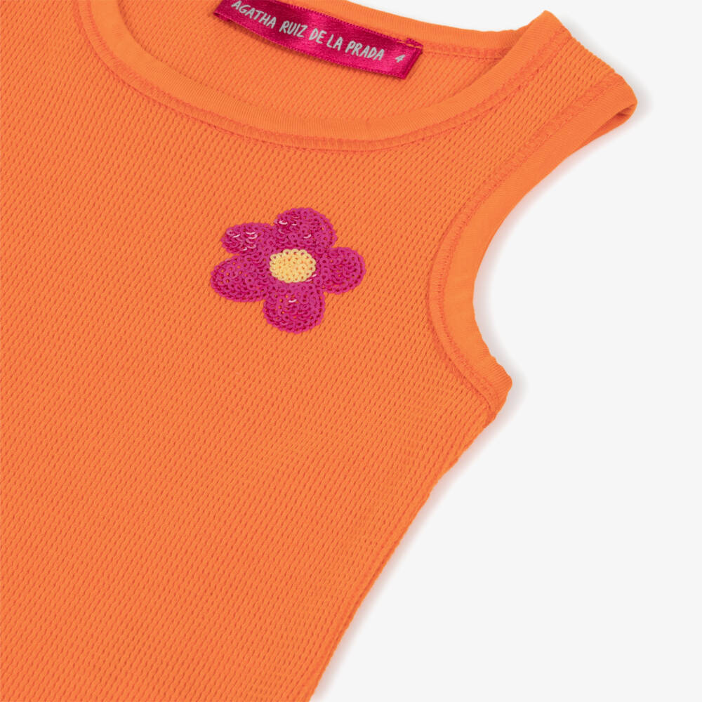Agatha Ruiz de la Prada-Girls Orange Cotton Vest Top with Sequin Flower | Childrensalon Outlet