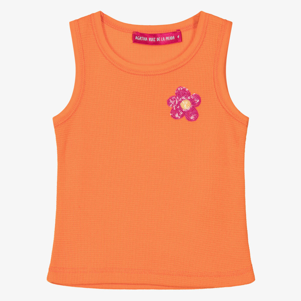 Agatha Ruiz de la Prada-Girls Orange Cotton Vest Top with Sequin Flower | Childrensalon Outlet