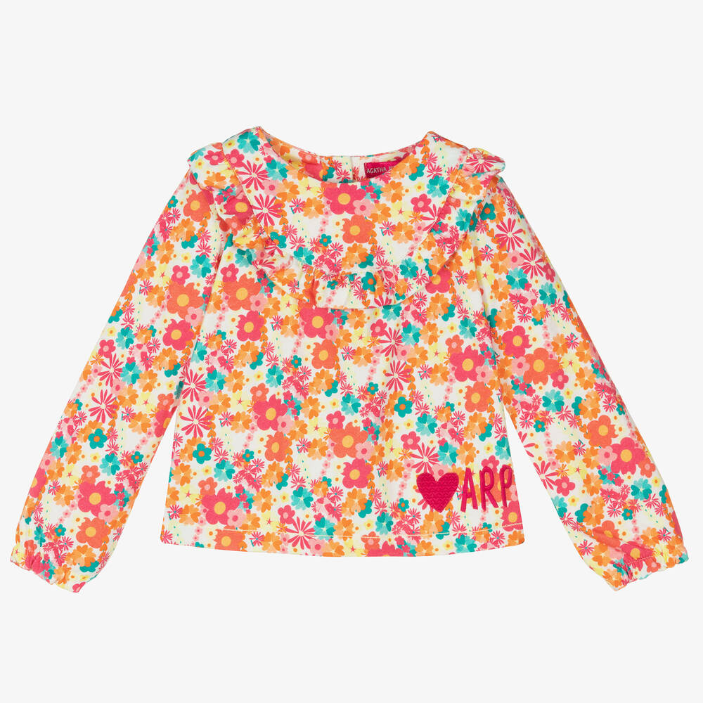 Agatha Ruiz de la Prada - Girls Orange Floral Print Long Sleeve Top | Childrensalon