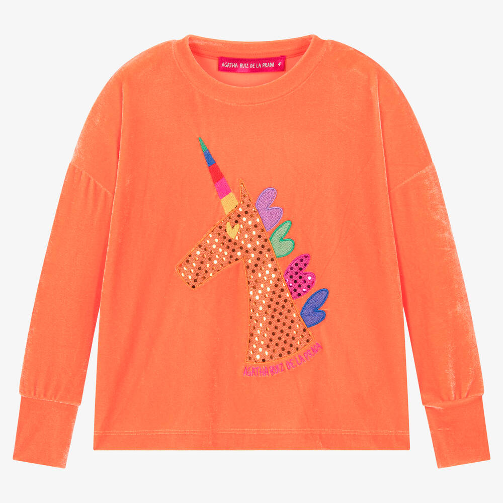 Agatha Ruiz de la Prada - Orangefarbenes Einhorn-Sweatshirt aus Velours mit Pailletten für Mädchen | Childrensalon