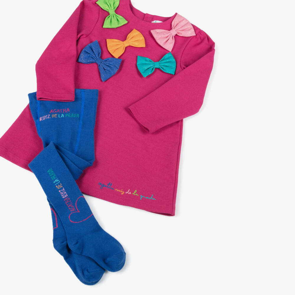 Agatha Ruiz de la Prada-Girls Pink Bow Detail Dress & Blue Tights Set | Childrensalon Outlet