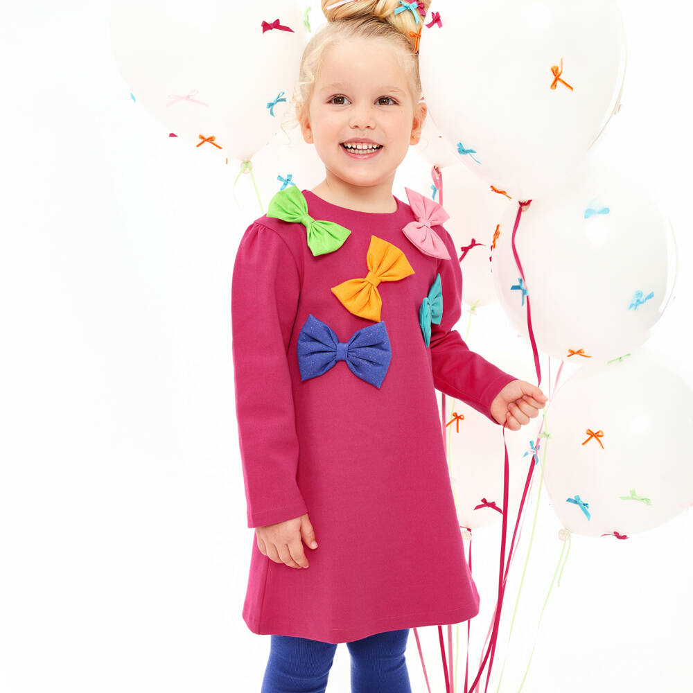 Agatha Ruiz de la Prada-Girls Pink Bow Detail Dress & Blue Tights Set | Childrensalon Outlet