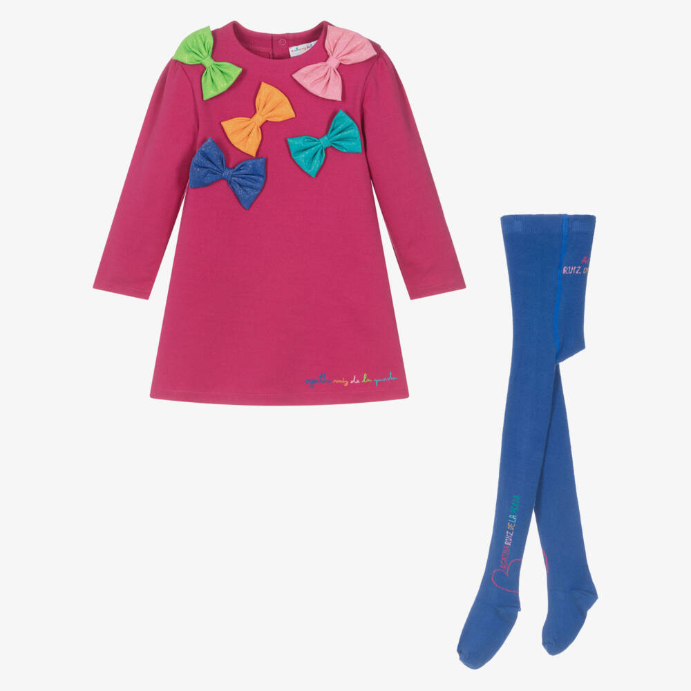 Agatha Ruiz de la Prada-Girls Pink Bow Detail Dress & Blue Tights Set | Childrensalon Outlet