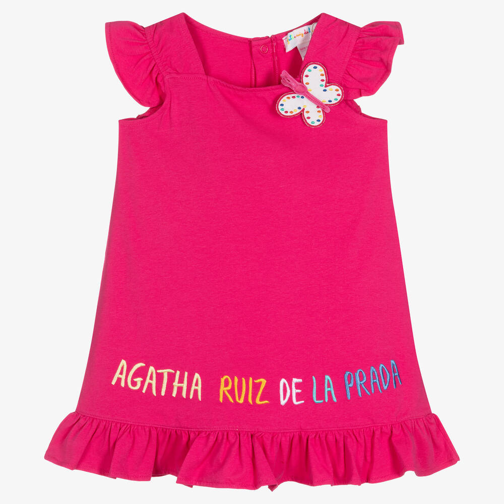 Agatha Ruiz de la Prada - فستان قطن جيرسي مزين بكشكش لون زهري | Childrensalon