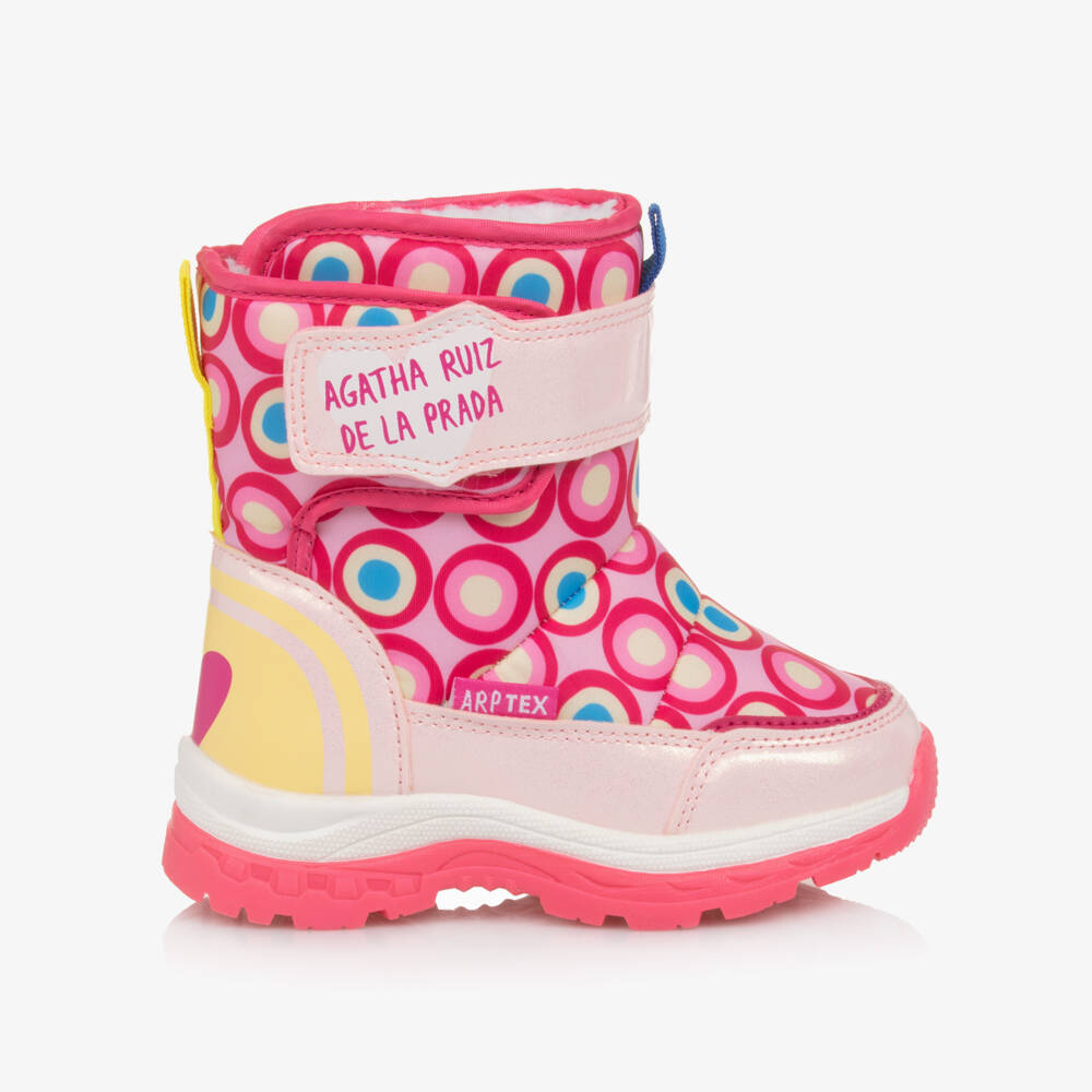 Agatha Ruiz de la Prada-Girls Pink Circle Print Snow Boots with Faux Fur Lining | Childrensalon Outlet
