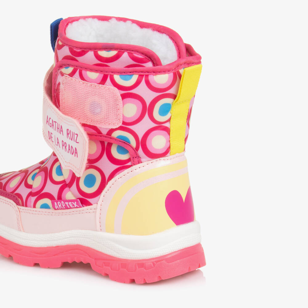 Agatha Ruiz de la Prada-Girls Pink Circle Print Snow Boots with Faux Fur Lining | Childrensalon Outlet