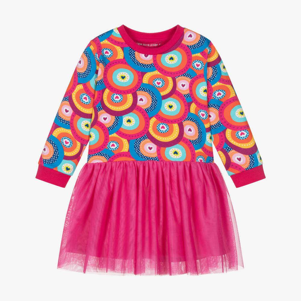 Agatha Ruiz de la Prada-فستان بطبعة دوائر تول وقطن لون زهري | Childrensalon Outlet