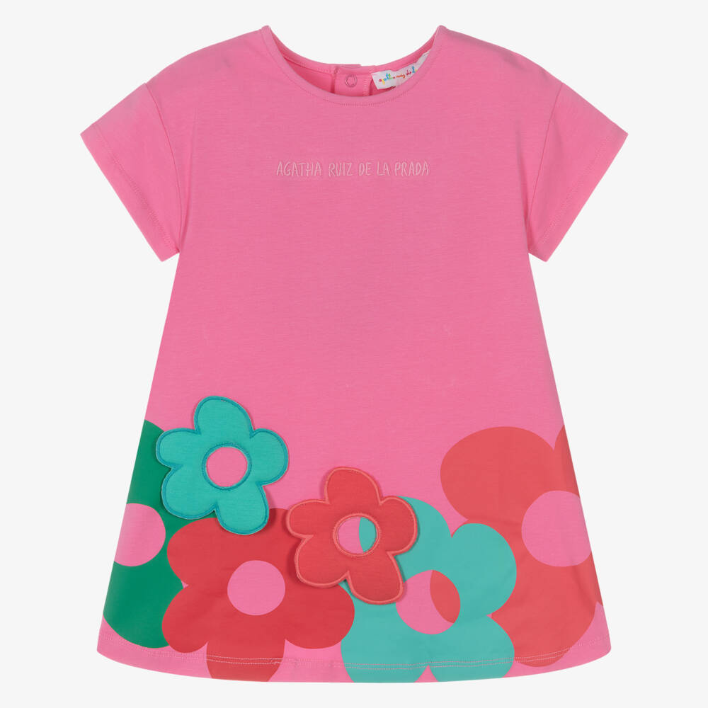 Agatha Ruiz de la Prada-Girls Pink Cotton Dress with Floral Appliqués | Childrensalon Outlet