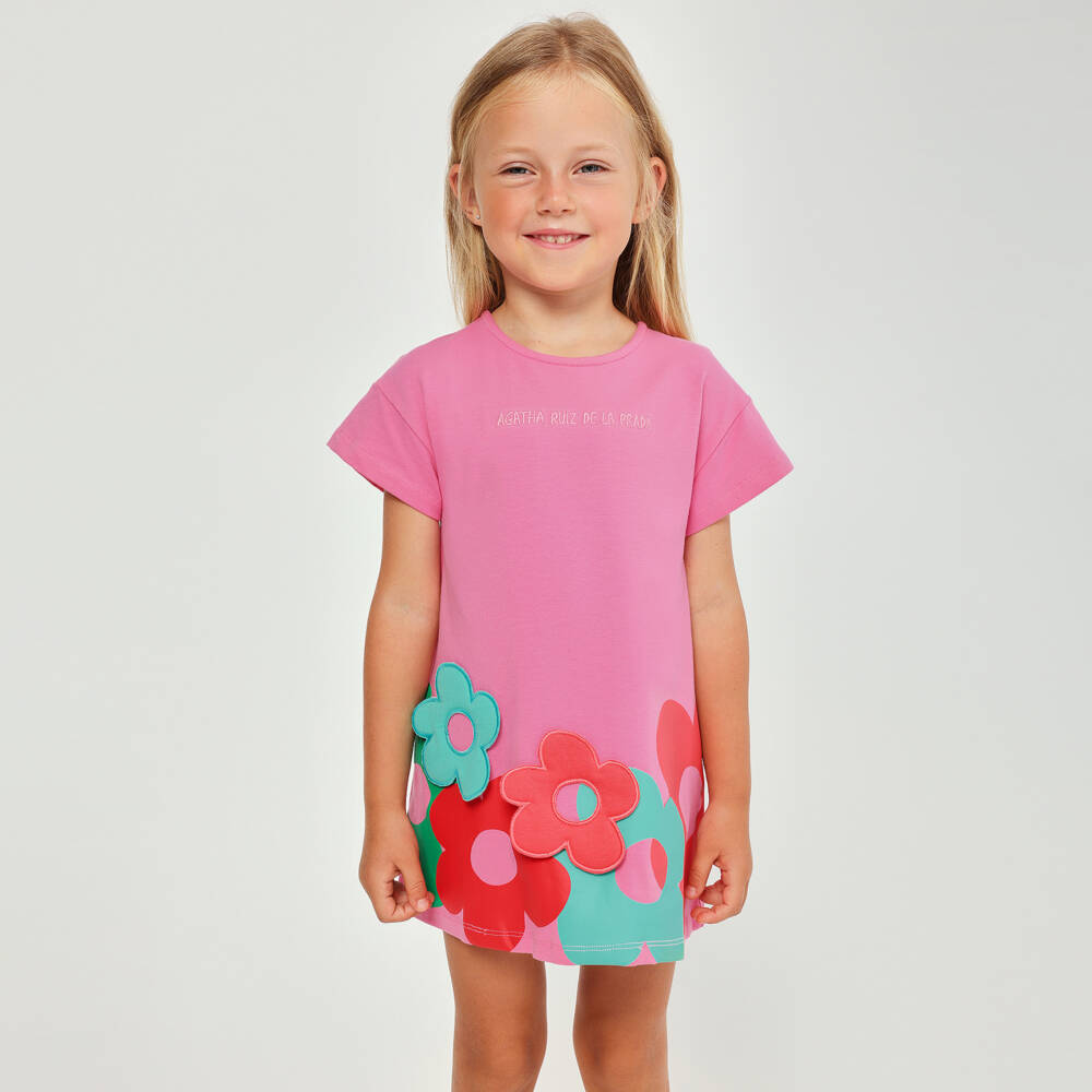 Agatha Ruiz de la Prada-Girls Pink Cotton Dress with Floral Appliqués | Childrensalon Outlet