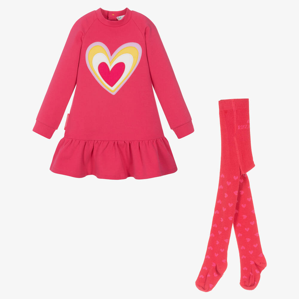 Agatha Ruiz de la Prada-طقم فستان بطبعة قلب قطن لون زهري | Childrensalon Outlet