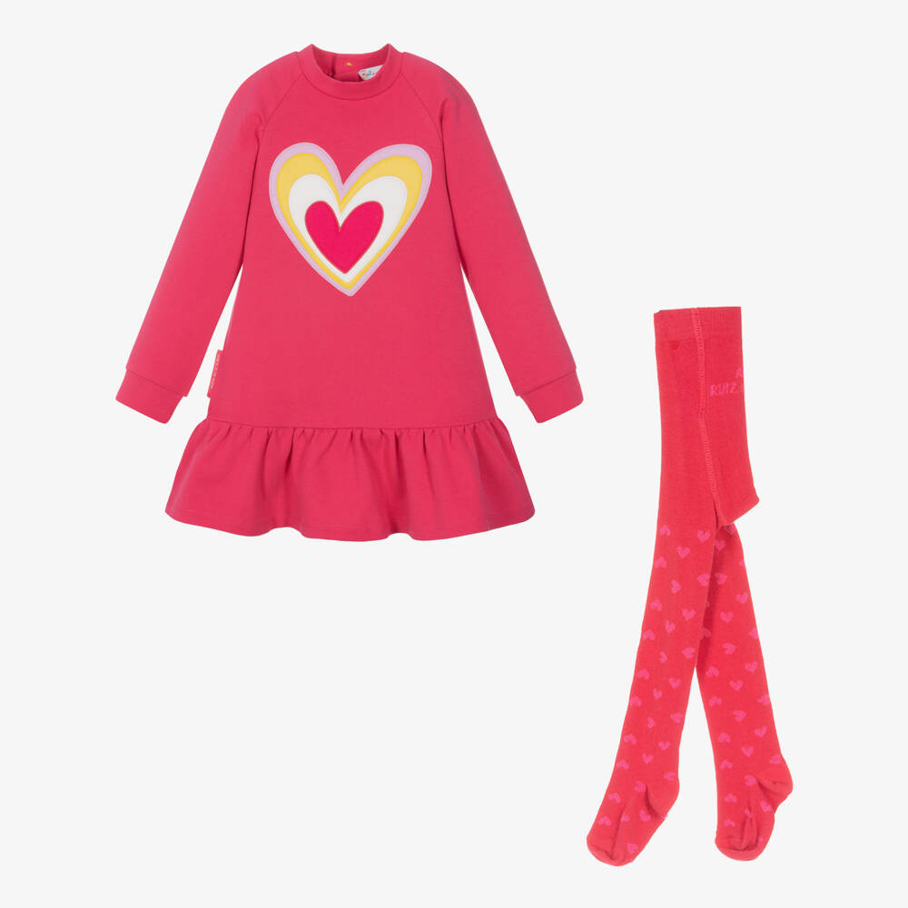 Agatha Ruiz de la Prada-طقم فستان بطبعة قلب قطن لون زهري | Childrensalon Outlet