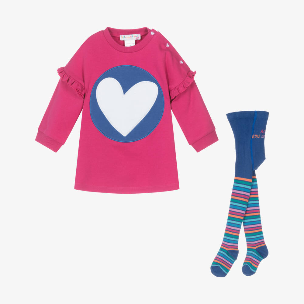 Agatha Ruiz de la Prada-Girls Pink Cotton Heart Dress & Striped Tights Set | Childrensalon Outlet