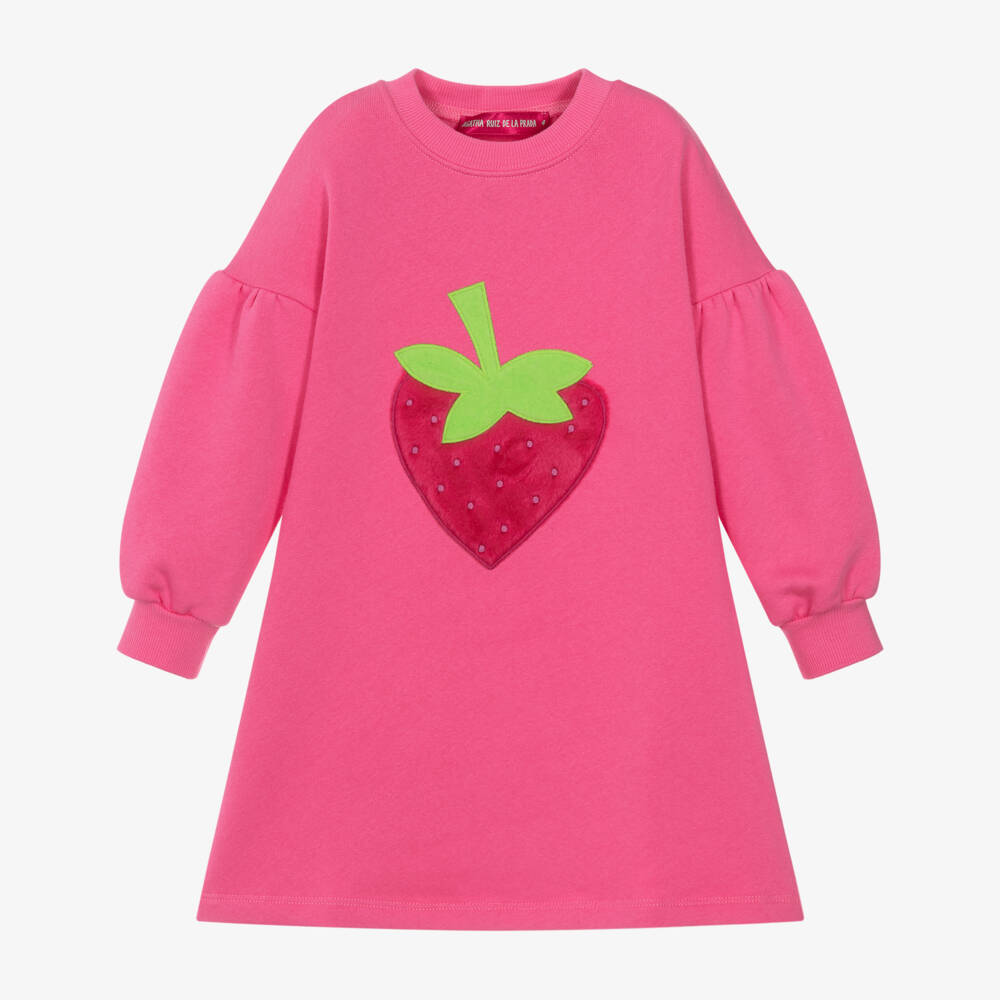Agatha Ruiz de la Prada-Girls Pink Cotton Jersey Strawberry Appliqué Dress | Childrensalon Outlet