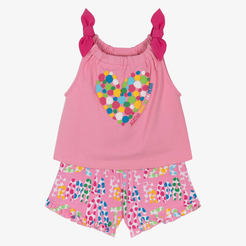 Agatha Ruiz de la Prada-Girls Pink Cotton Logo Shorts Set with Dots | Childrensalon Outlet