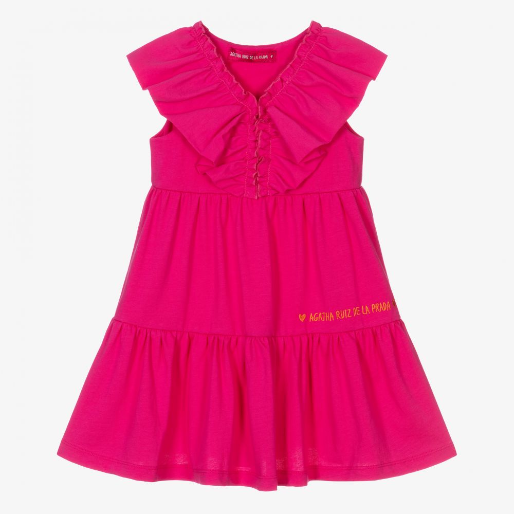 Agatha Ruiz de la Prada-فستان قطن مزين بكشكش لون زهري فيوشيا | Childrensalon Outlet