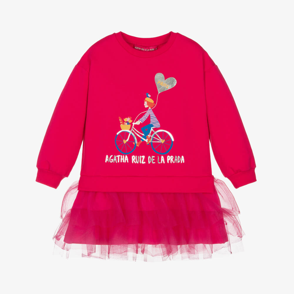 Agatha Ruiz de la Prada-فستان قطن جيرسي وتول لون زهري | Childrensalon Outlet
