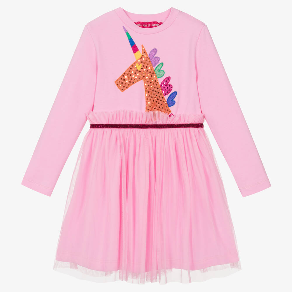Agatha Ruiz de la Prada - Girls Pink Cotton Unicorn Dress | Childrensalon
