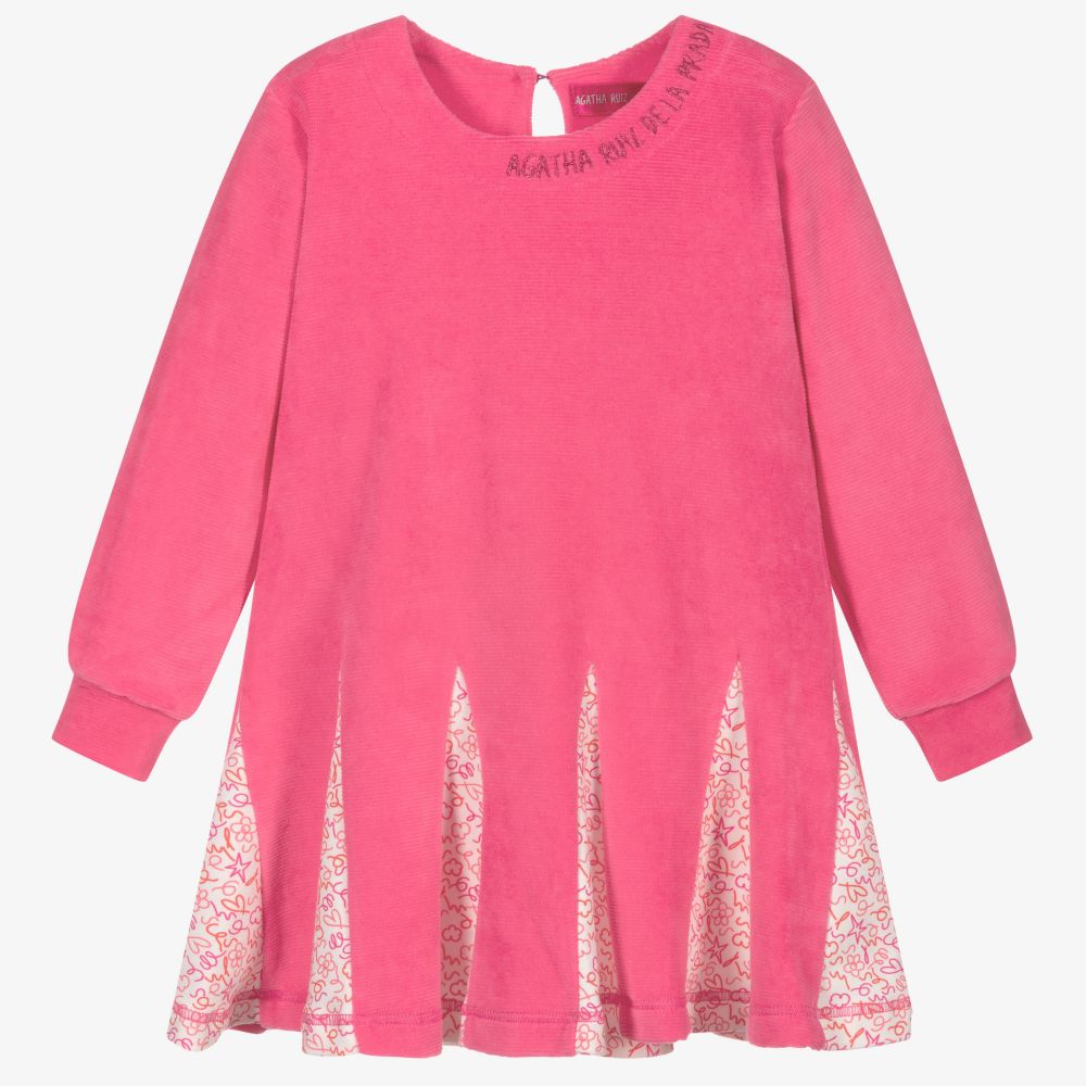 Agatha Ruiz de la Prada - Girls Pink Cotton Velour Dress | Childrensalon