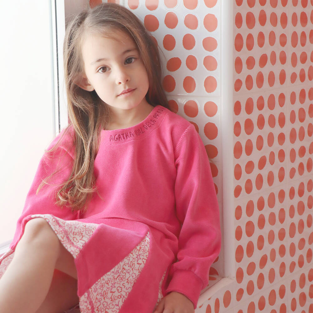 Agatha Ruiz de la Prada-Girls Pink Cotton Velour Dress | Childrensalon Outlet